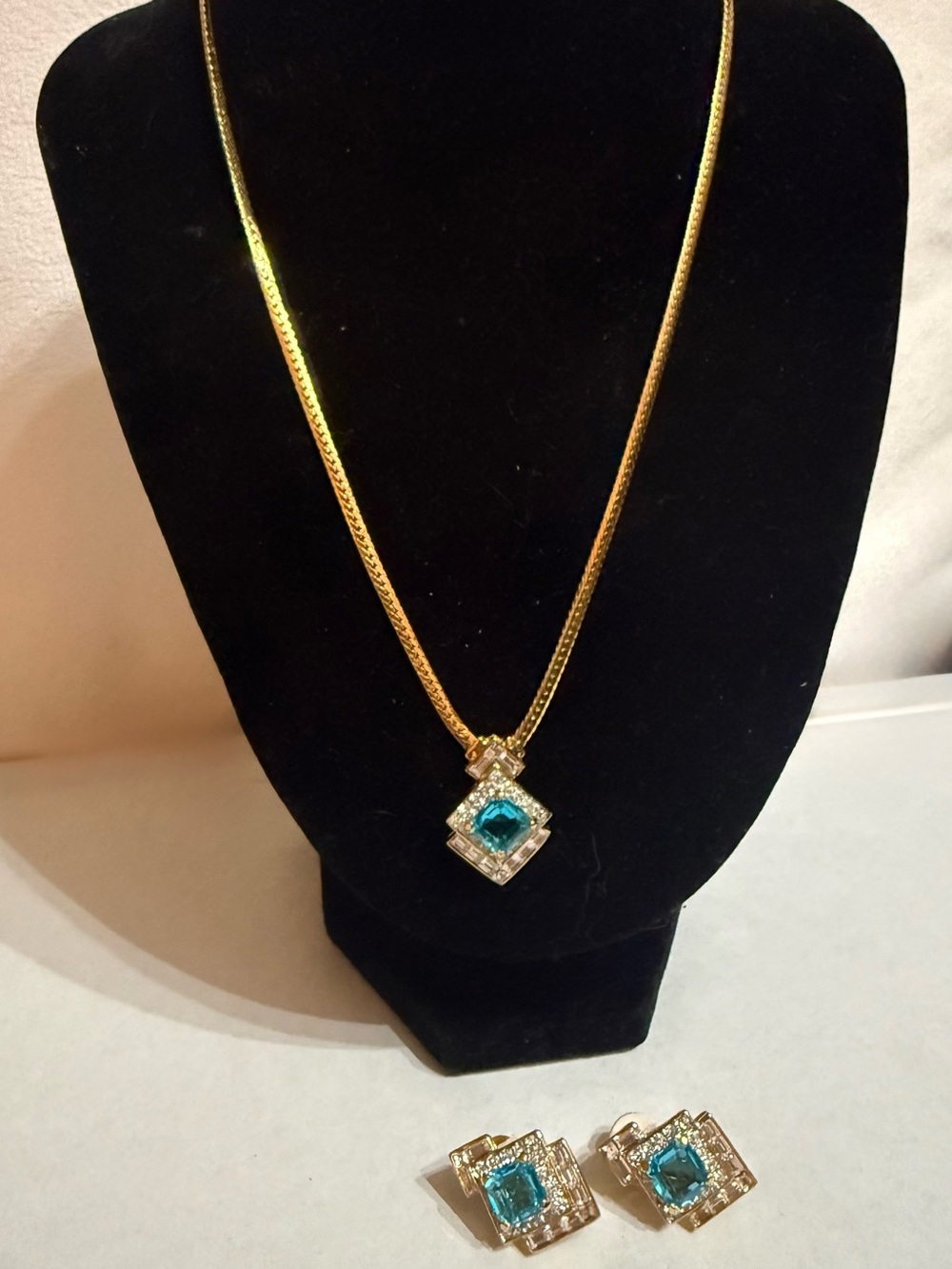 Vintage Signed D'Orlan 22k Gold Plated Blue Topaz Crystal Necklace & Earring Set